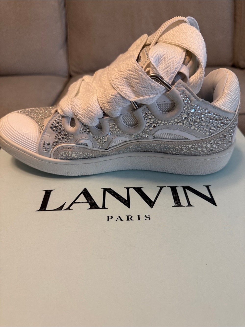 Lanvin White and Silver Crystal-Detail Low-Top Sneaker - Picture 5 of 10